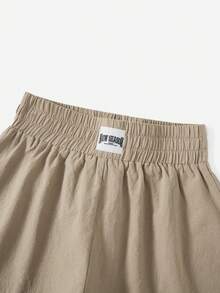 SHEIN EZwear Letter Patched Detail Shorts - Khaki - View 4