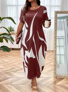 SHEIN LUNE Váy Maxi In Hình Đồ Họa Plus Burgundy Cho Nữ - Màu Đỏ Sâu - Xem 1