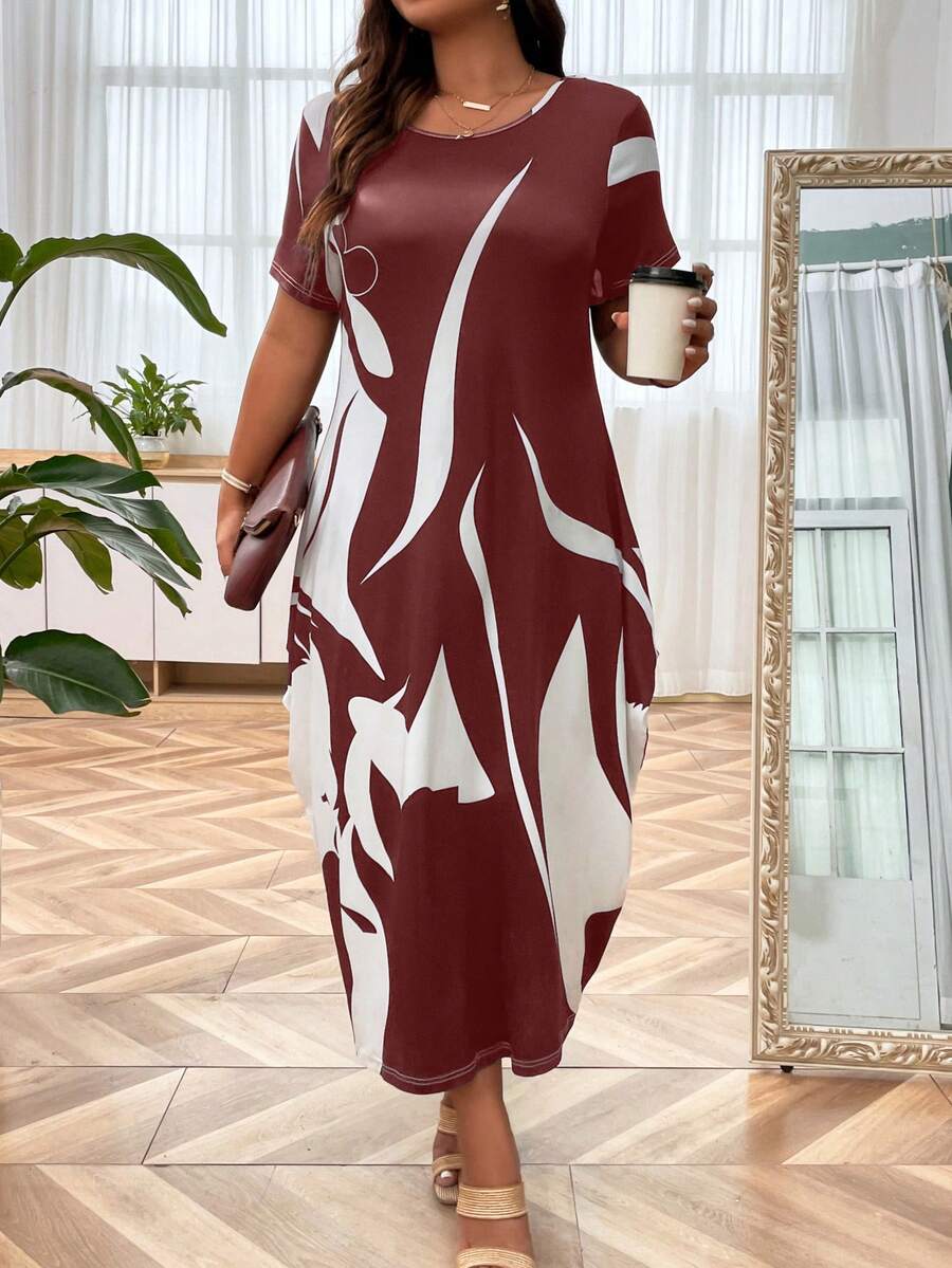 SHEIN LUNE Váy Maxi In Hình Đồ Họa Plus Burgundy Cho Nữ - Màu Đỏ Sâu - Xem 1