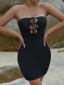 SHEIN Privé Đầm Cắt ra Ren lên Thắt nơ trước màu trơn Gợi cảm - màu đen - Xem 4
