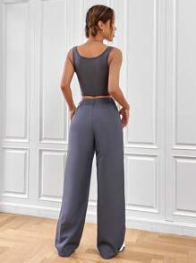 SHEIN EZwear Bộ đồ hai mảnh nữ Nút Túi Dây kéo màu trơn Giải trí - Xám - Xem 2