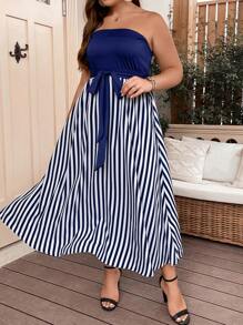 SHEIN LUNE Plus Striped Print Belted Tube Dress - Blue and White - View 1