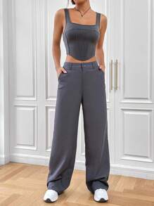 SHEIN EZwear Bộ đồ hai mảnh nữ Nút Túi Dây kéo màu trơn Giải trí - Xám - Xem 4