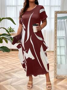 SHEIN LUNE Váy Maxi In Hình Đồ Họa Plus Burgundy Cho Nữ - Màu Đỏ Sâu - Xem 4