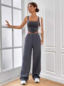SHEIN EZwear Bộ đồ hai mảnh nữ Nút Túi Dây kéo màu trơn Giải trí - Xám - Xem 1