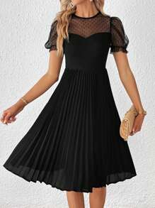 SHEIN Privé Contrast Mesh Puff Sleeve Pleated Hem Dress - Black - View 2