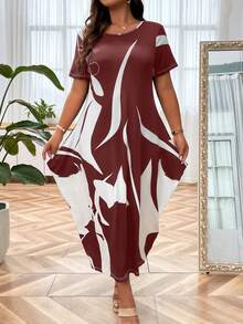SHEIN LUNE Váy Maxi In Hình Đồ Họa Plus Burgundy Cho Nữ - Màu Đỏ Sâu - Xem 5
