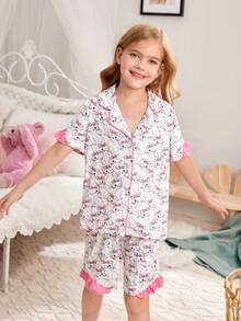 女大童卡通圖案撞色滾邊睡衣套裝 - 彩色 - 查看 3