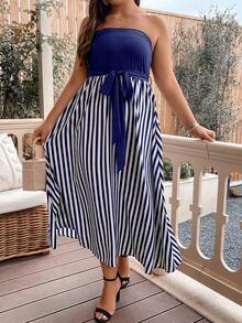 SHEIN LUNE Plus Striped Print Belted Tube Dress - Blue and White - View 3