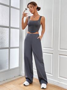 SHEIN EZwear Bộ đồ hai mảnh nữ Nút Túi Dây kéo màu trơn Giải trí - Xám - Xem 5