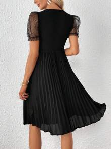 SHEIN Privé Contrast Mesh Puff Sleeve Pleated Hem Dress - Black - View 3