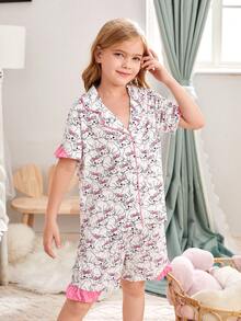 女大童卡通圖案撞色滾邊睡衣套裝 - 彩色 - 查看 4