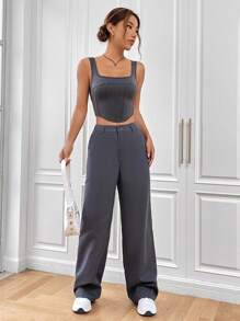 SHEIN EZwear Bộ đồ hai mảnh nữ Nút Túi Dây kéo màu trơn Giải trí - Xám - Xem 6