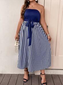SHEIN LUNE Plus Striped Print Belted Tube Dress - Blue and White - View 5