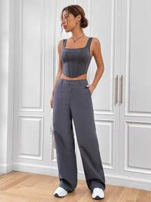 SHEIN EZwear Bộ đồ hai mảnh nữ Nút Túi Dây kéo màu trơn Giải trí - Xám - Xem 7