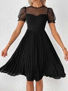 SHEIN Privé Contrast Mesh Puff Sleeve Pleated Hem Dress - Black - View 4