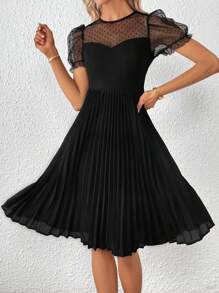 SHEIN Privé Contrast Mesh Puff Sleeve Pleated Hem Dress - Black - View 5