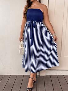 SHEIN LUNE Plus Striped Print Belted Tube Dress - Blue and White - View 6