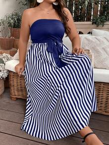 SHEIN LUNE Plus Striped Print Belted Tube Dress - Blue and White - View 7