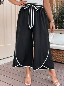 SHEIN Clasi Quần Plus Size Thắt lưng Trọn gói Tương phản ràng buộc màu trơn Giải trí - màu đen - Xem 1
