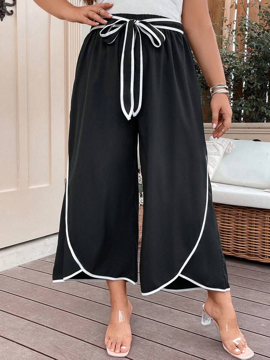 SHEIN Clasi Quần Plus Size Thắt lưng Trọn gói Tương phản ràng buộc màu trơn Giải trí - màu đen - Xem 1