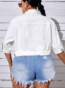 SHEIN SXY 大碼翻蓋口袋落肩袖牛仔夾克 - 白色 - 查看 2