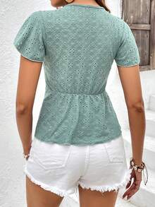 SHEIN Frenchy Guipure Lace Panel Butterfly Sleeve Peplum Tee - Cadet Blue - View 2