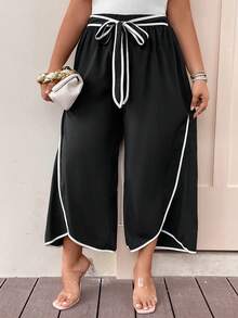 SHEIN Clasi Quần Plus Size Thắt lưng Trọn gói Tương phản ràng buộc màu trơn Giải trí - màu đen - Xem 3