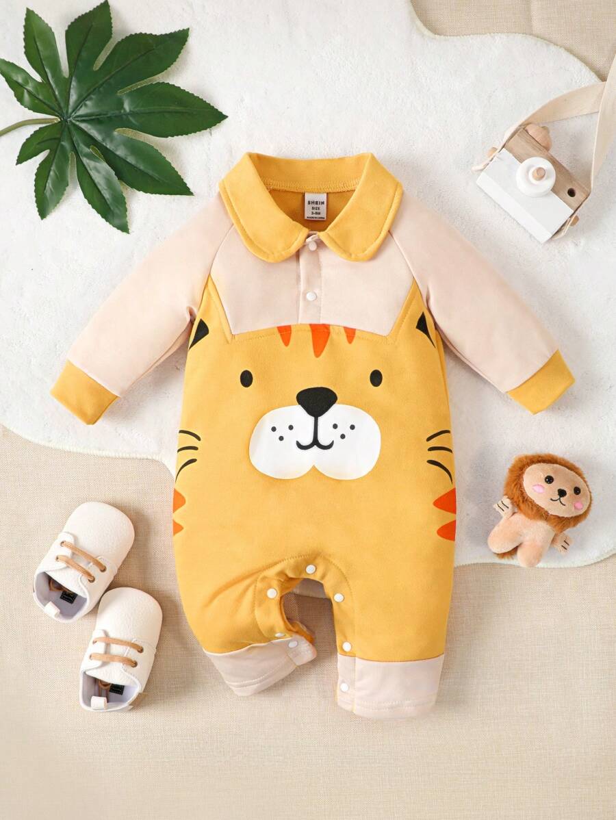 男嬰卡通圖案Polo領插肩袖連身褲 - 黃色 - 查看 1