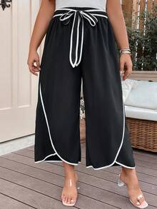 SHEIN Clasi Quần Plus Size Thắt lưng Trọn gói Tương phản ràng buộc màu trơn Giải trí - màu đen - Xem 4