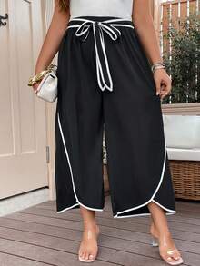 SHEIN Clasi Quần Plus Size Thắt lưng Trọn gói Tương phản ràng buộc màu trơn Giải trí - màu đen - Xem 5