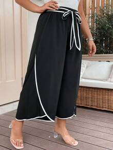 SHEIN Clasi Quần Plus Size Thắt lưng Trọn gói Tương phản ràng buộc màu trơn Giải trí - màu đen - Xem 6