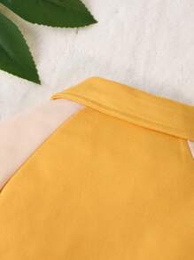 男嬰卡通圖案Polo領插肩袖連身褲 - 黃色 - 查看 4