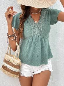 SHEIN Frenchy Guipure Lace Panel Butterfly Sleeve Peplum Tee - Cadet Blue - View 5