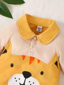 男嬰卡通圖案Polo領插肩袖連身褲 - 黃色 - 查看 5