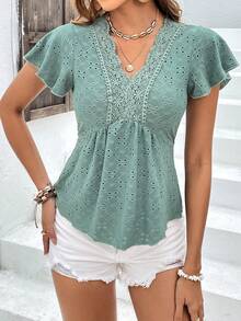 SHEIN Frenchy Guipure Lace Panel Butterfly Sleeve Peplum Tee - Cadet Blue - View 6