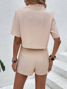 SHEIN Privé Bộ âu phục nữ Nút đôi Túi màu trơn Thanh lịch - Màu be - Xem 3