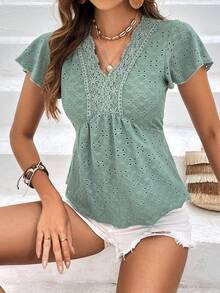 SHEIN Frenchy Guipure Lace Panel Butterfly Sleeve Peplum Tee - Cadet Blue - View 7