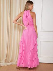 SHEIN Belle 荷葉邊下擺開叉掛脖連衣裙 - 粉色 - 查看 2