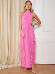 SHEIN Belle 荷葉邊下擺開叉掛脖連衣裙 - 粉色 - 查看 4