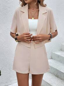 SHEIN Privé Bộ âu phục nữ Nút đôi Túi màu trơn Thanh lịch - Màu be - Xem 4