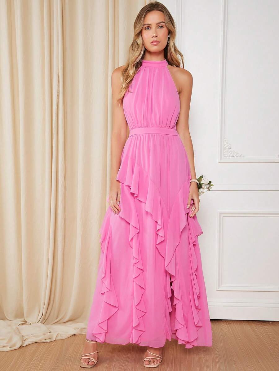 SHEIN Belle 荷葉邊下擺開叉掛脖連衣裙 - 粉色 - 查看 1