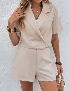 SHEIN Privé Bộ âu phục nữ Nút đôi Túi màu trơn Thanh lịch - Màu be - Xem 6