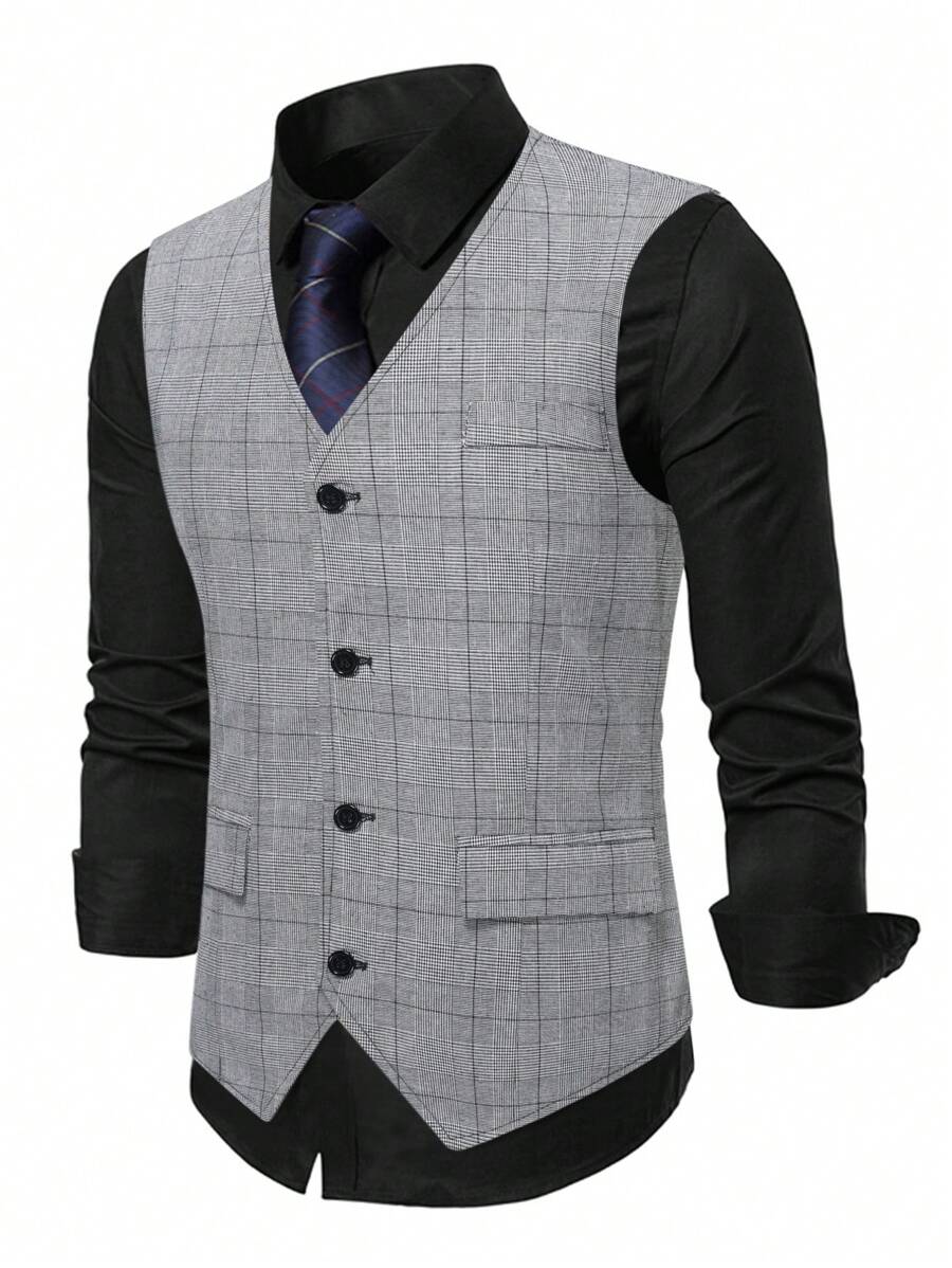 Manfinity Mode Men Plus 1pc Plaid Waistcoat - Grey - View 1
