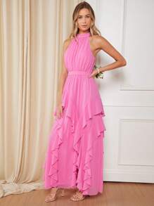 SHEIN Belle 荷葉邊下擺開叉掛脖連衣裙 - 粉色 - 查看 5