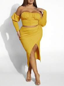 SHEIN SXY Plus Off Shoulder Ruched Bust Crop Top & Split Thigh Skirt - Yellow - View 1