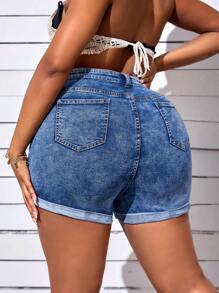 SHEIN SXY Plus Ripped Roll Up Hem Denim Shorts - Medium Wash - View 2