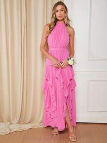 SHEIN Belle 荷葉邊下擺開叉掛脖連衣裙 - 粉色 - 查看 6