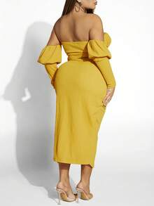 SHEIN SXY Plus Off Shoulder Ruched Bust Crop Top & Split Thigh Skirt - Yellow - View 2