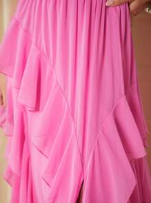 SHEIN Belle 荷葉邊下擺開叉掛脖連衣裙 - 粉色 - 查看 7